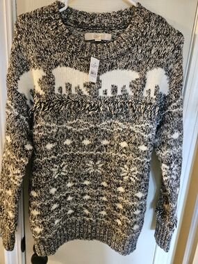 LOFT Black and White Marled Fair Isle Crewneck Sweater